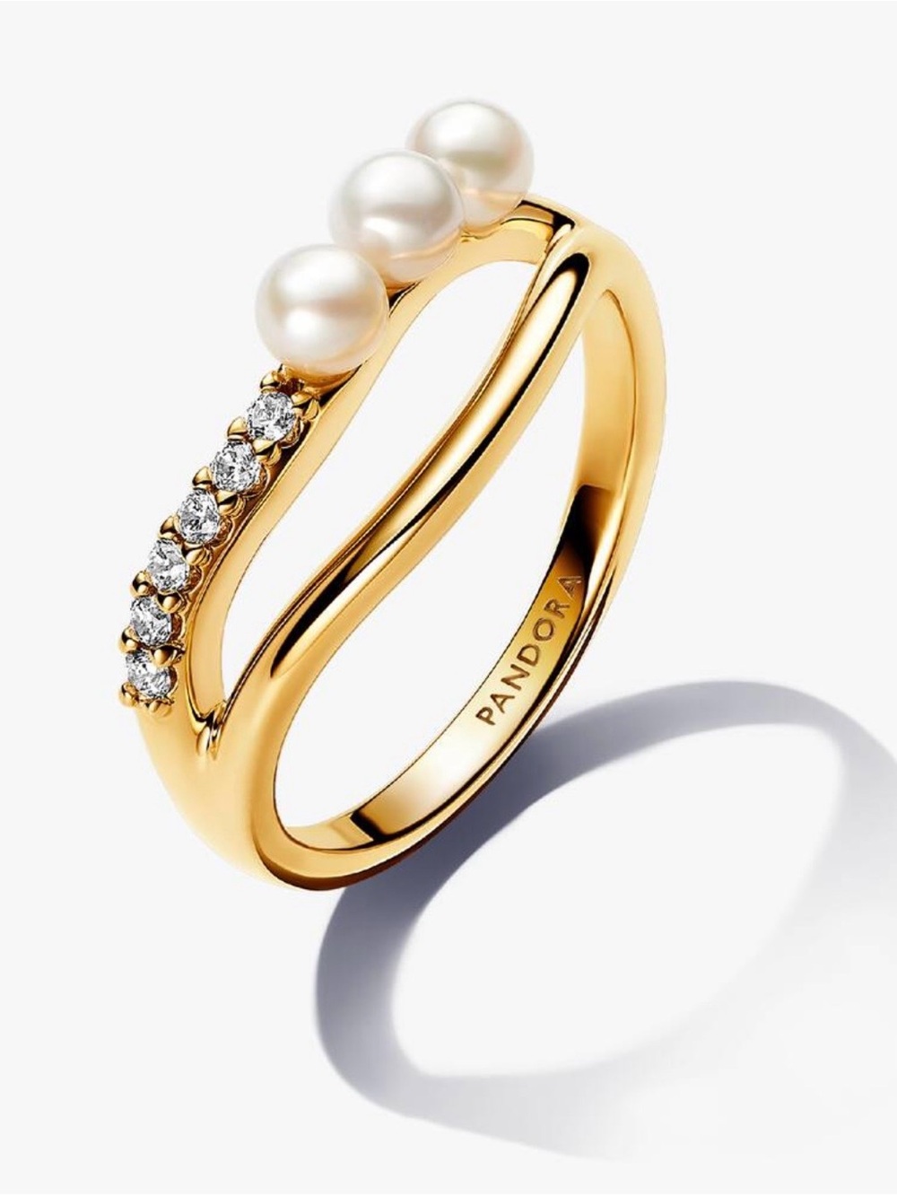 Pandora Gold Ring with White Pearls and Clear Stones